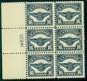 US #C5 16¢ Airmail, Plate No. Block of 6, og, NH, VF, Scott $2,150.00