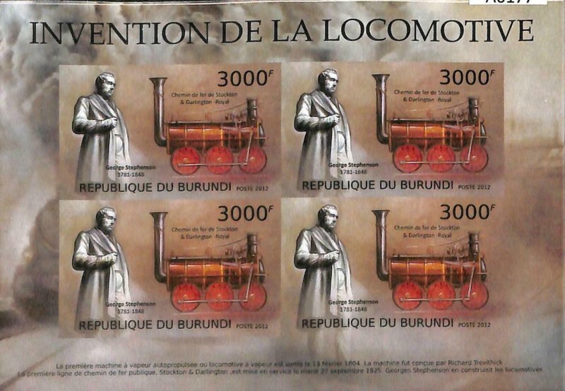 A0177 - BURUNDI - ERROR 2012 IMPERF stamp SHEET - TRAIN Locomotive