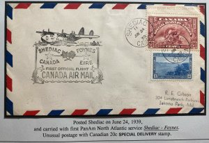 1939 Shediac Canada First Flight Airmail Cover To Usa Via Foynes Ireland