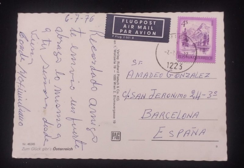 D)1973, AUSTRIA, POSTCARD SENT TO SPAIN, AIR MAIL, WITH TOURISM STAMP, LAKE