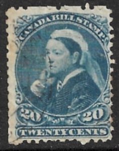 CANADA 1868 QV 20c Blue BILL STAMP REVENUE VDM. FB48 Used