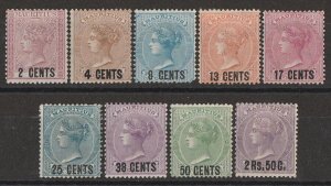 MAURITIUS 1878 QV Decimal Surcharge set 2c-2R50c on 5/-.