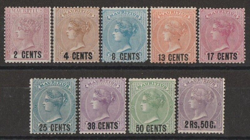 MAURITIUS 1878 QV Decimal Surcharge set 2c-2R50c on 5/-.