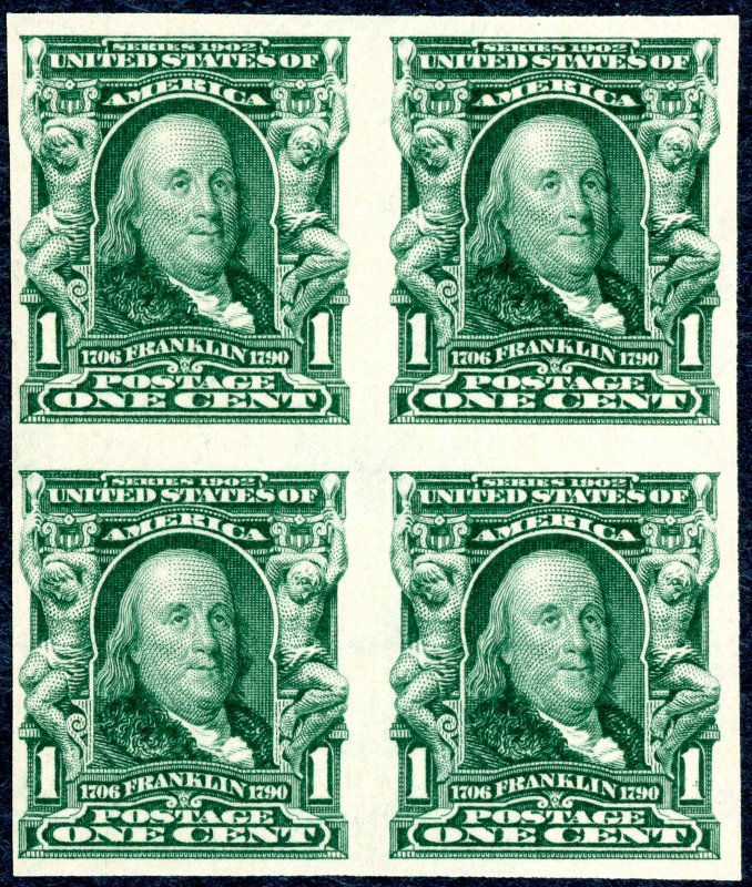 #314 – 1906 1c Franklin, imperforate. Blk of 4.  MNH OG F/VF