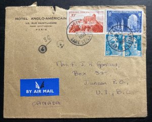 1958 Paris France Anglo American Hotel Airmail cover To Duncan Canada