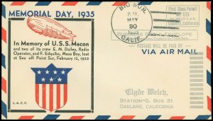 5/30/35 USS MACON Memorial Day Cover,Mentions Dailey Radio Op & Edquiba Mess Boy