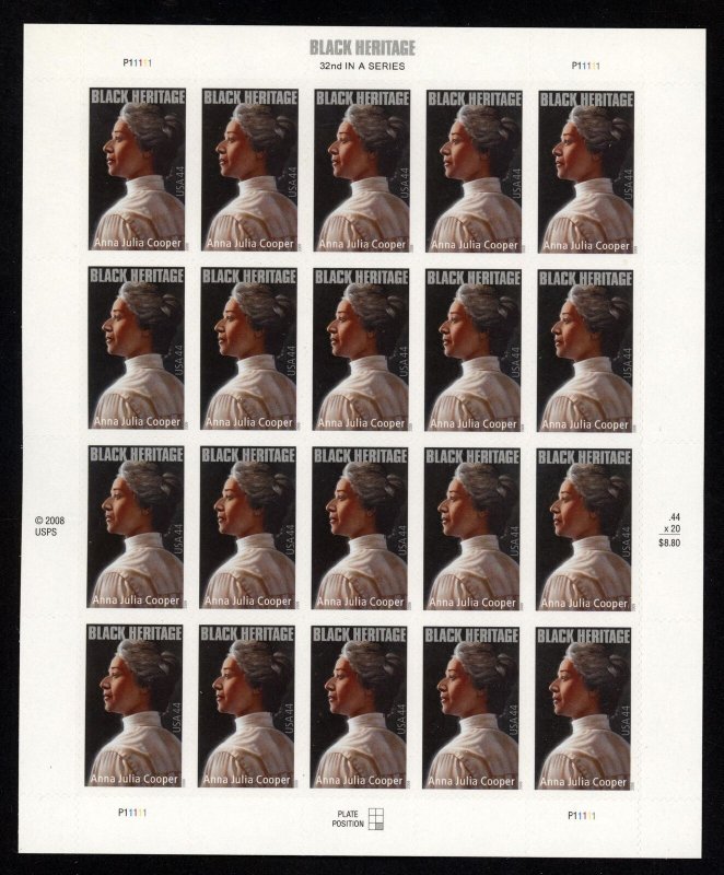 SCOTT 4408 2009 44 CENT ANNA COOPER BLACK HERITAGE ISSUE MNH SHEET VF CAT $18!