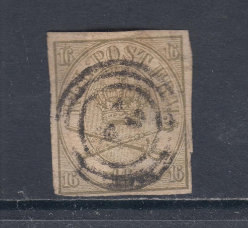 Denmark Sc 15a used 1864 16s olive green Royal Emblems, Forgery