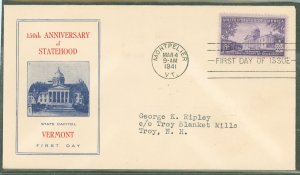 US 903 (1941) 3c Vermont/150th Anniversary of Statehood (single) on an addressed (typed) with a fidelity cachet