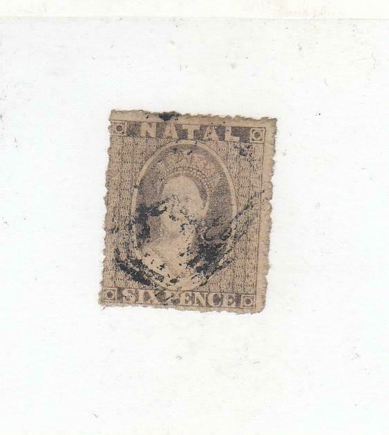 NATAL (MK6583) # 13  F-USED  6p 1862 QUEEN VICTORIA / GRAY CAT VALUE $75