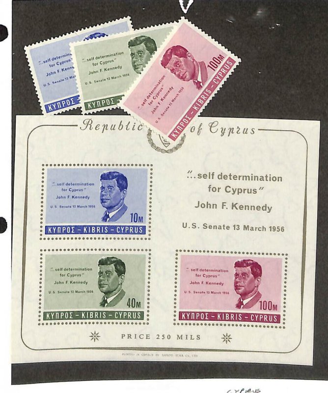 Cyprus, Postage Stamp, #251-253, 253a Mint NH, 1965 John F. Kennedy