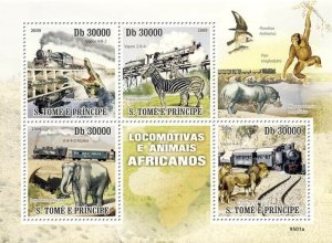 S. TOME & PRINCIPE 2009 - Trains & Animals of Africa 5v - Mi 4231-4234