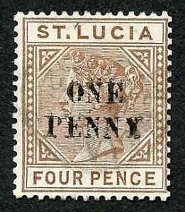 St Lucia SG55a 1d on 4d Brown Opt DOUBLED Fine used