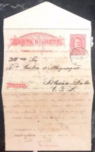 1892 Minas Brazil Postal Stationary Postcard cover to Silveira