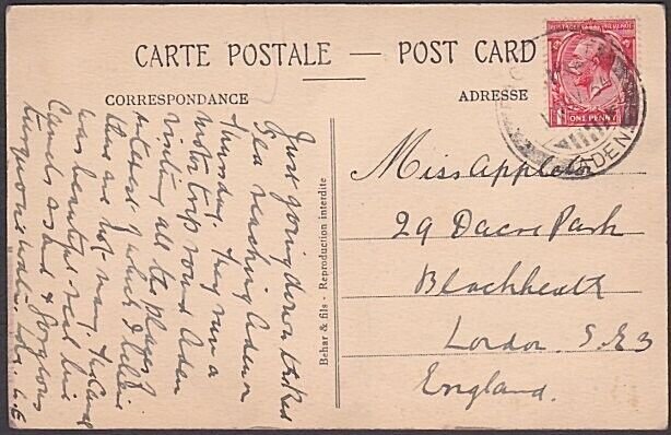 ADEN 1934 postcard with GB GVI 1d - PAQUEBOT / ADEN cds....................a3471