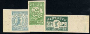 Korea #119-121, 1950 Syngman Rhee, imperf. set of three, without gum as issued