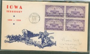 US 838 1938 3c Iowa Territory Centennial (block of 4) on an addressed FDC with a Hobby Craft Cachet