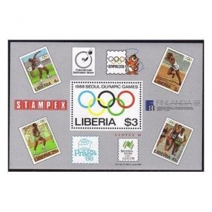 Liberia 1081, MNH. Michel 1410 Bl.114. Olympics Seoul-1988. Olympic Rings.