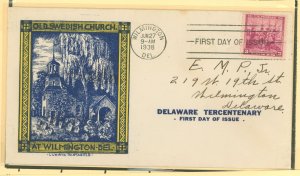 US 836 1938 3c Delaware Tercentenary on a bi-color Ludwig-Staehle cacheted FDC