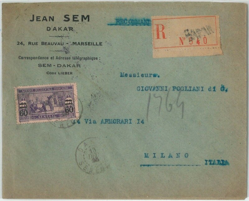 59357 - SENEGAL - POSTAL HISTORY: REGISTERED COVER to ITALY - 1923-