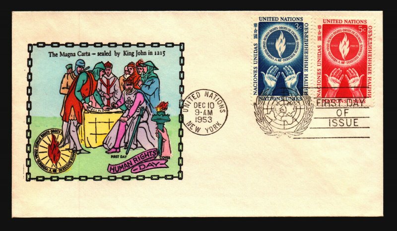 UN 1953 Human Rights FDC / Hand Colored - L3761