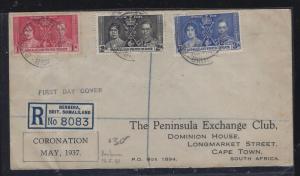 SOMALILAND COVER (PP0312B)   KGVI  CORONATION SET BERBERA REG TO SOUTH AFRICA