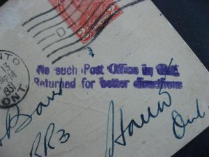 Canada cover PO handstamp: No Such post office in city Returned for better ...
