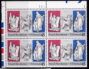 U.S. 1989 French Revolution Airmail Plate Number Block of Four  VF/NH