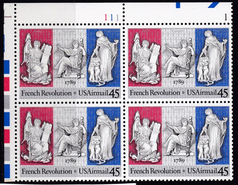 U.S. 1989 French Revolution Airmail Plate Number Block of Four  VF/NH