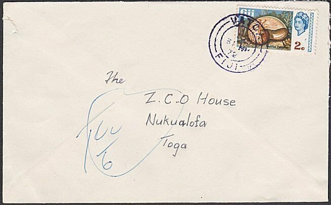 FIJI 1972 .2c on airmail cover to Tonga ex VATOA - Mss tax markings.........R547