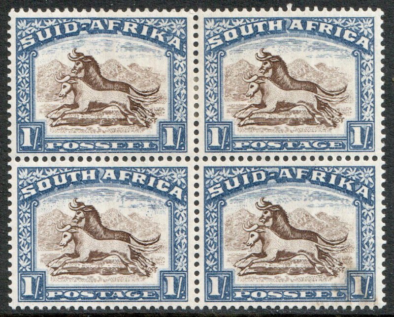 South Africa KGV 1933 (1939) 1/- Brown Blue Wildebeest Block x 4 SG62 Mint MNH