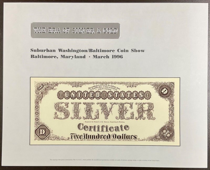 BEP B205 Souvenir Card back $500 Silver Certificate - Canceled and Uncanceled