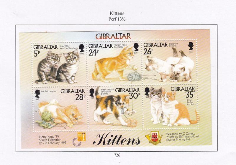 GIBRALTAR # 726 VF-MLH KITTENS S/SHEET 1997