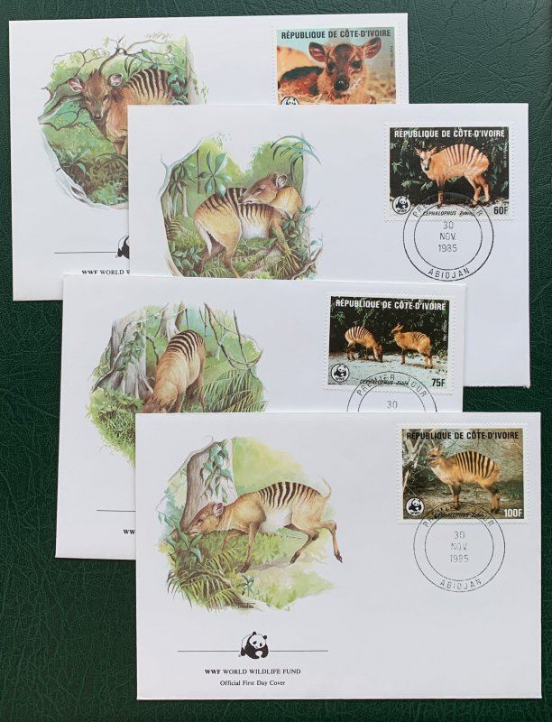 Ivory Coast 1985 WWF Zebra Duiker set on FDC. Scott 764-767, CV $11.00+