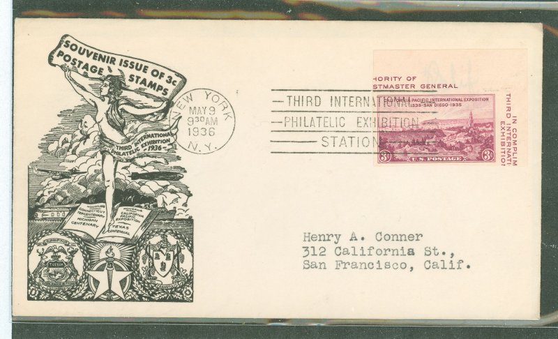 US 778b 1936 single from the third international Philatelic Exhibition (TIPEX)/San Diego expo imperf on an addressed first day c