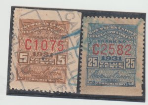 US Scott #16T-79-80 Used Revenue Telegraph Stamps 5 & 25ct issue 1931 Control #C