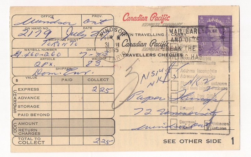 CANADA 4c QEII card for Canadian Pacific. Express receipt.  Used. ODD6