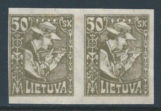 Lithuania #102a MH 50sk Peasant Sharpening Scythe - Imperf. Pair