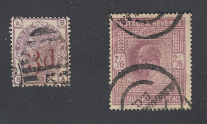 2x Great Britain Used Stamps #94-3d Red OP & #139-2'6p Guide Value = $165.00