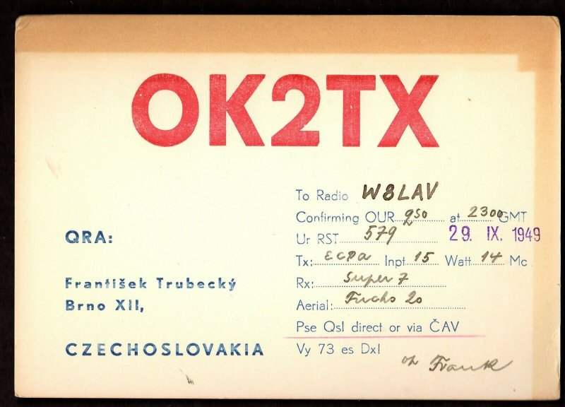 QSL QSO RADIO CARD OK2TX,Frantisek Trubecky,1949, Czechoslovakia (Q2974)