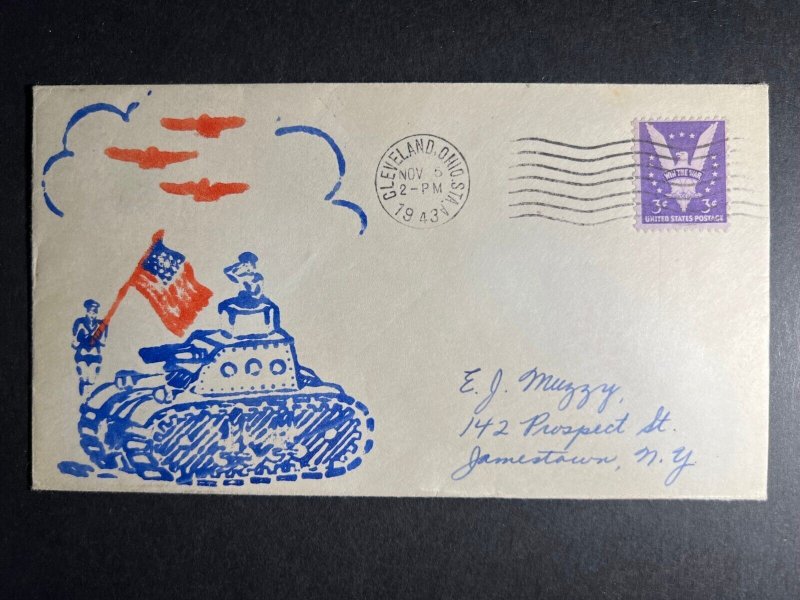 1943 Patriotic WWII USA Cover Cleveland OH to Jamestown NY Tank