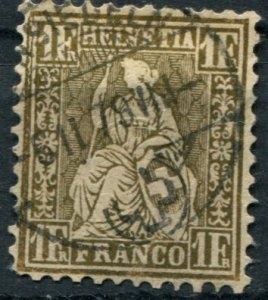 Switzerland Sc#50 Used, 1f gld, Sitting Helvetia (1862)