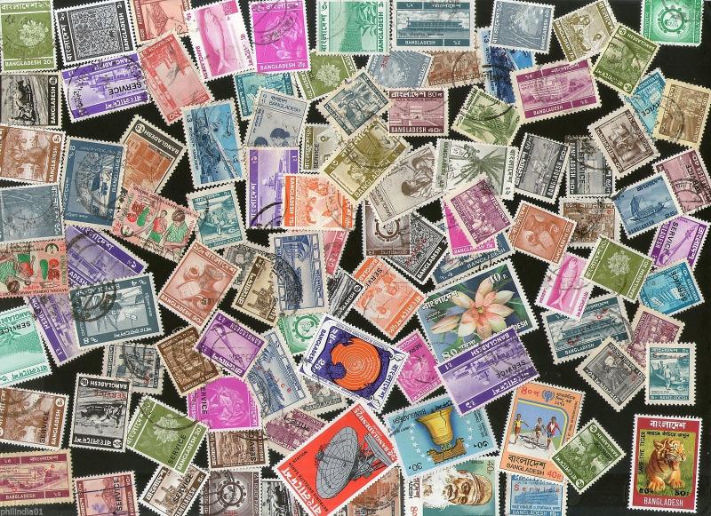 Bangladesh 100 Different Used Stamps on Postage & Service Tiger Flower painting