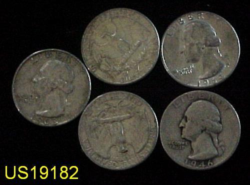 Five different circulated silver WASHINGTON QUARTERS