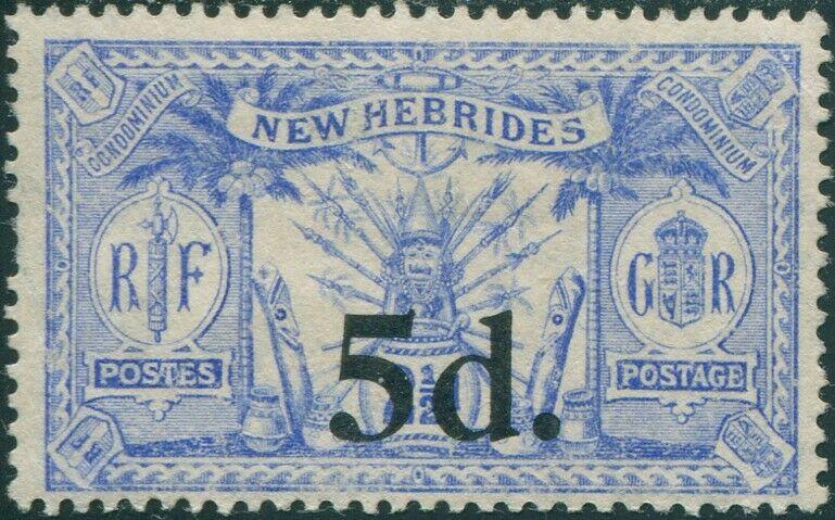 New Hebrides 1924 SG42 5d on 2½d blue Weapons Idols MNG