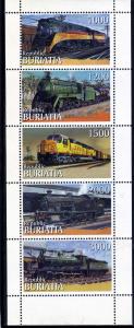 Buriatia 1997 TRAINS LOCOMOTIVES Strip (5) values Perforated Mint (NH)