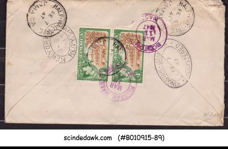 JAMAICA - 1947 REGISTERED ENVELOPE TO USA WITH KGVI STAMPS