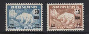 Greenland Sc 39-40 MNH. 1959 Surcharged Polar Bears cplt VF