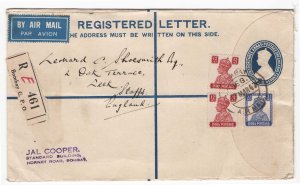 India 1947 Neat registered 4½a envelope uprated 27½a to Leek, UK, sent by Jal