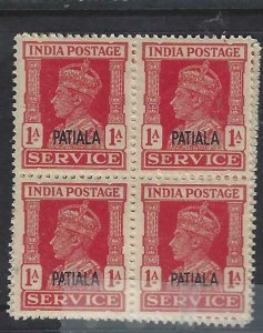 INDIA PATIALA SERVICE  (P1808B)  KGVI  1A    SG  O75  BL OF 4       MNH 